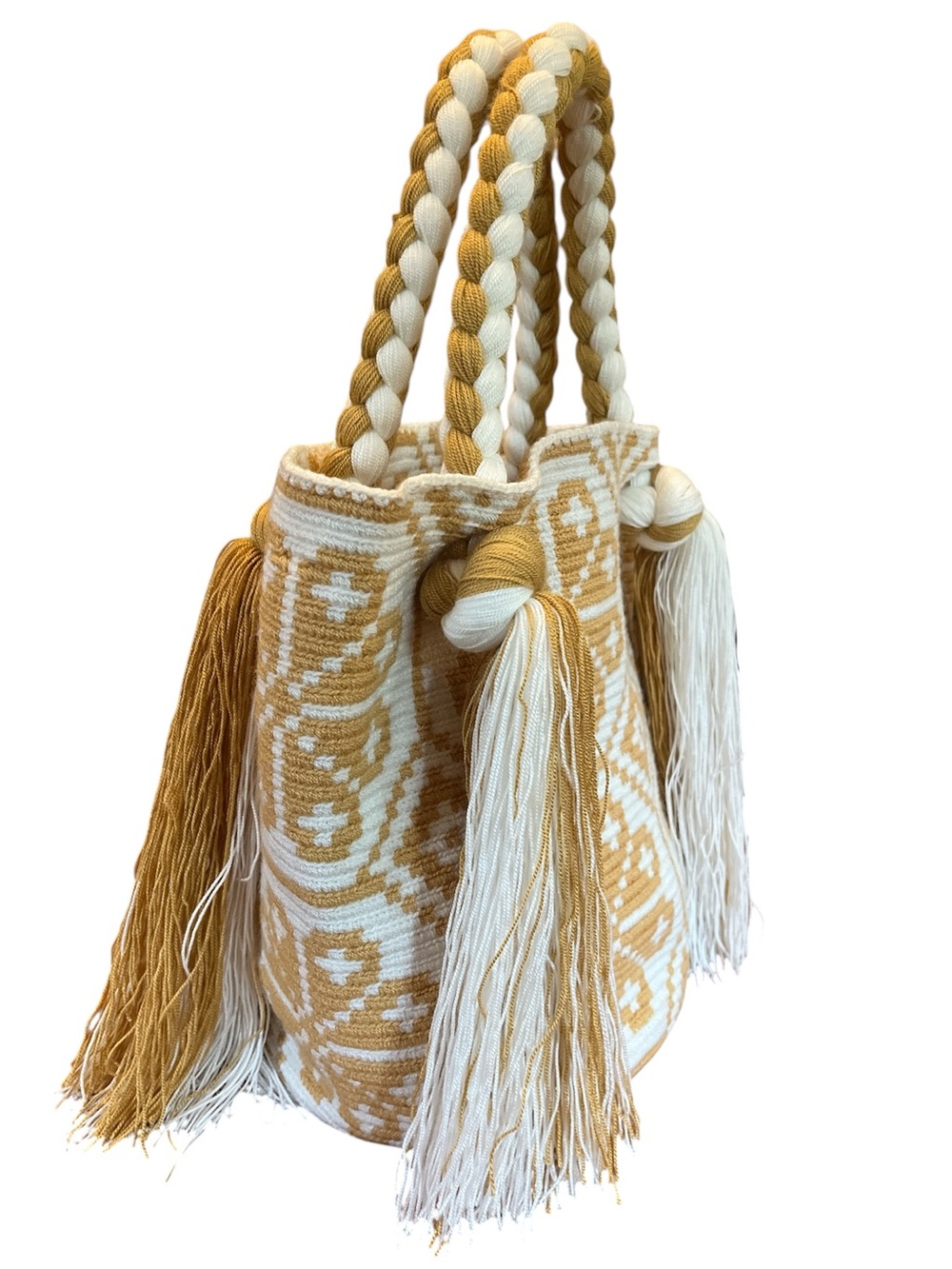 Wayuu Mochila bag Handwoven Tote Bag Cream & Mustard floral & Tassel design. - Picture 4 of 12